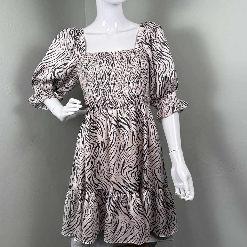Lucy Paris Smocked Zebra Print Midi Dress Size Large NWT Maximalist Moto Party